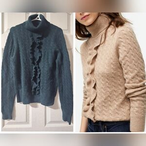 J. Crew Ruffle Front Cable Knit Turtleneck Sweater w/ Wool & Alpaca, Dark Green.